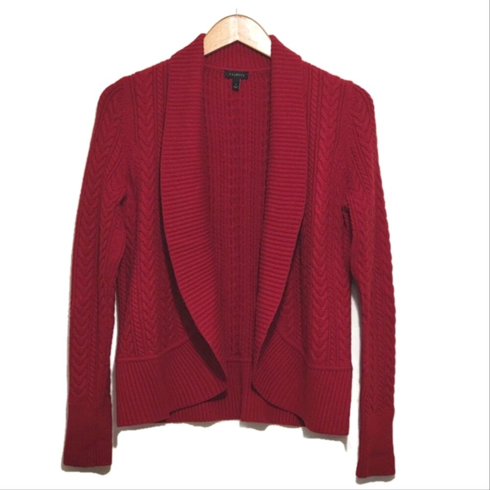 Talbots Red Cable Knit Cardigan Sweater Shawl Collar Wool Blend Classic Preppy S